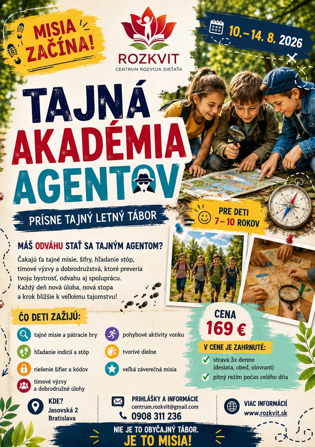 Tajná akadémia agentov – prísne tajný letný tábor pre deti 7–10 rokov, 10.–14. 8. 2026, Centrum Rozkvit, Bratislava